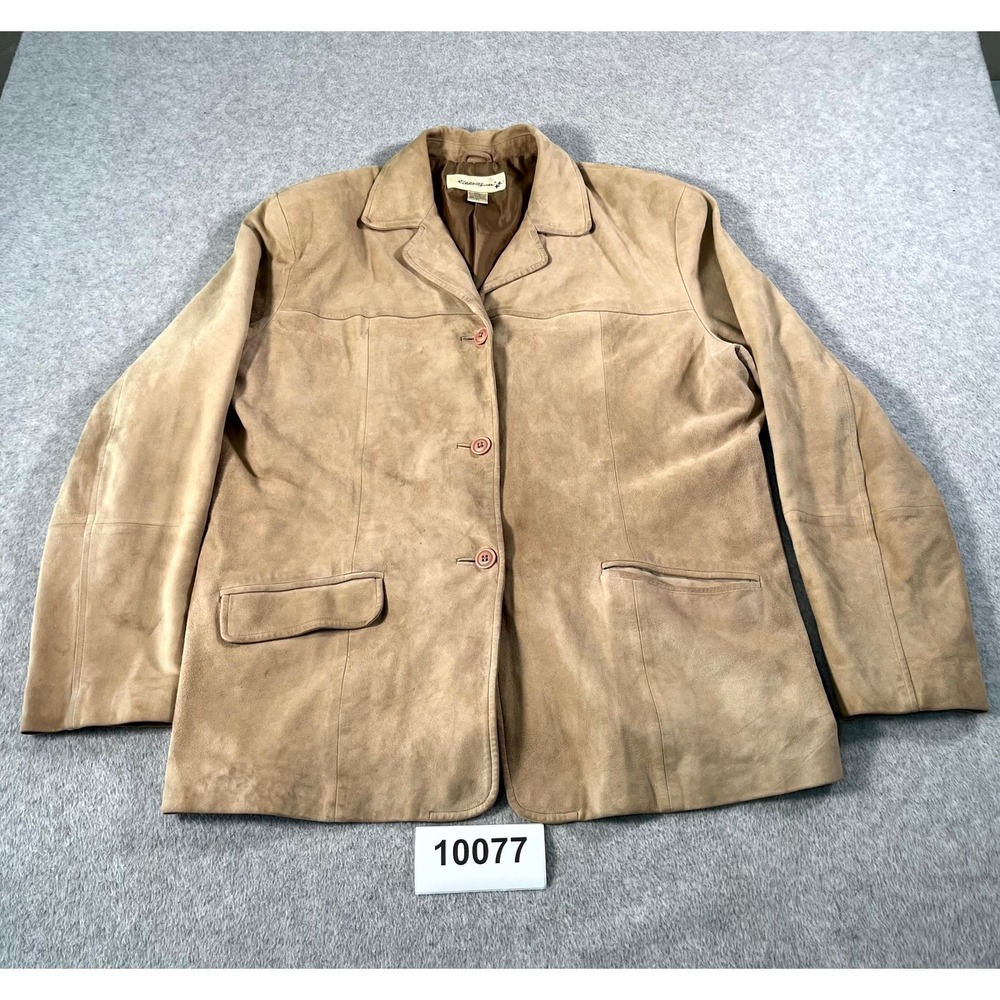 Eddie Bauer Leather Suede Jacket Womens XL Beige Single Breasted Notch Lapel